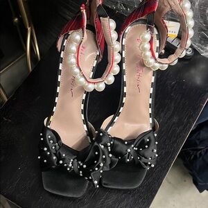 Betsey Johnson Black Pearl-Trim Bow Heels with Plaid Ankle Strap